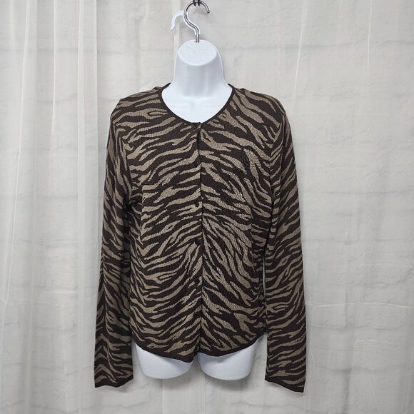 Vintage Jones New York Cardigan Brown Zebra Retro Coquette Tribal M - Picture 1 of 10